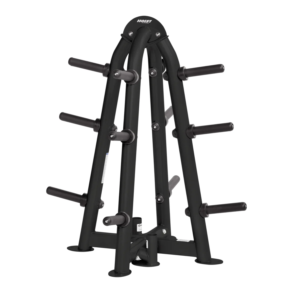 Black HOIST CF-3444 four-sided Olympic plate tree with twelve weight pegs