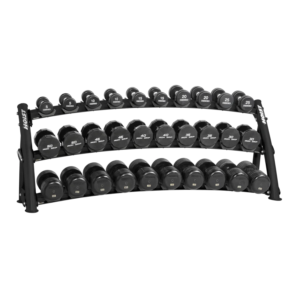 Black HOIST CF-3461-3 three-tier horizontal dumbbell rack loaded with round dumbbells