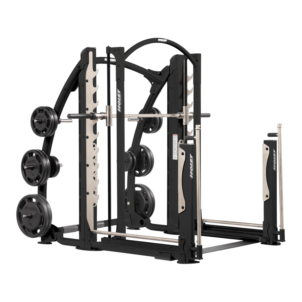 Black HOIST CF-3754 Dual Action Smith machine with weight plates on its storage horns