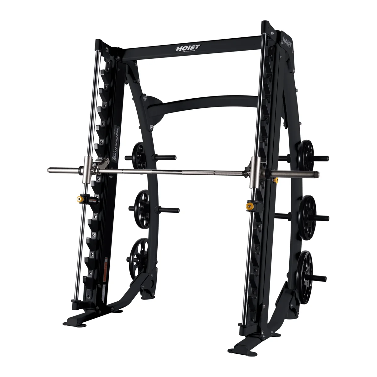 Black HOIST CF-3755 Dual Angle Smith machine with a guided bar and weight plates