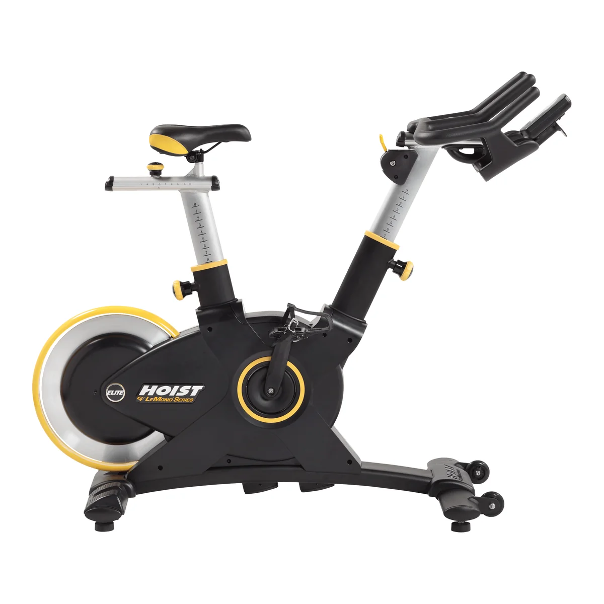 Black HOIST LeMond Series Elite indoor cycle with a yellow-rimmed rear flywheel