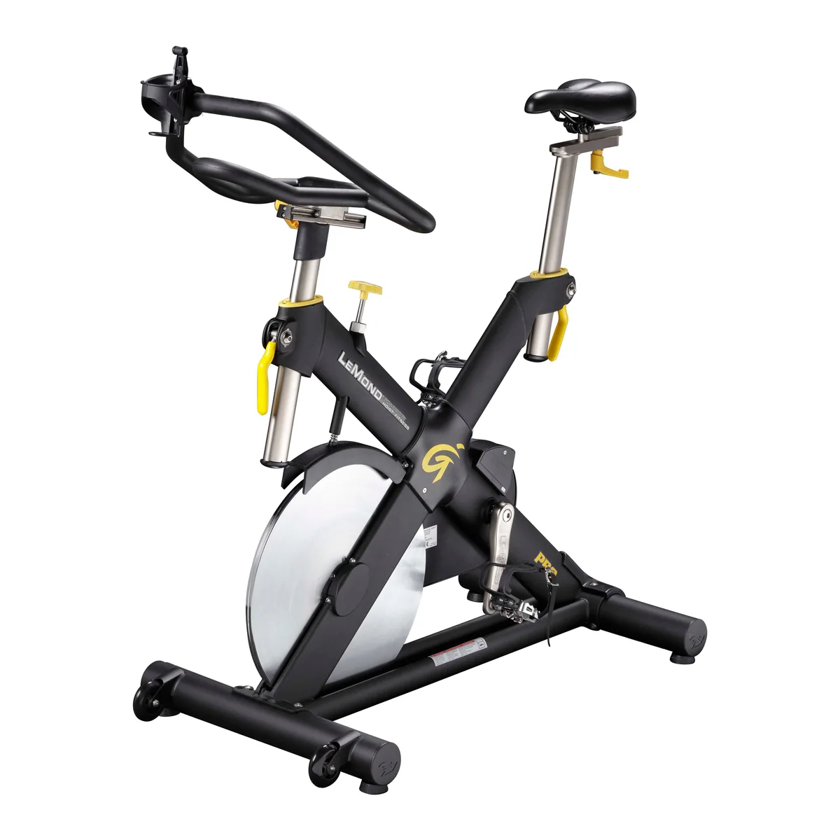 Black HOIST LeMond Series RevMaster Pro indoor cycle with yellow accents and a silver flywheel