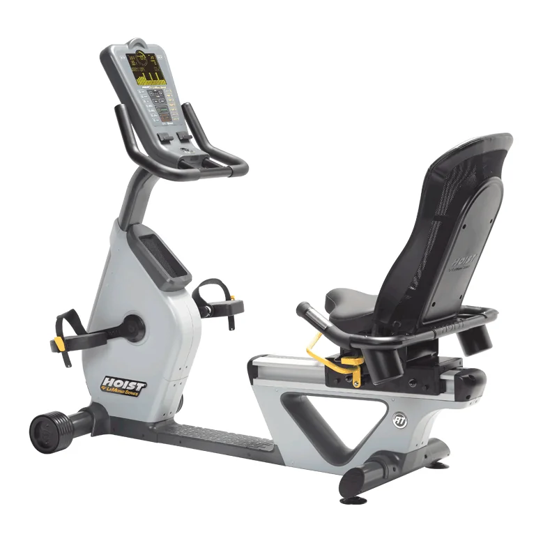 Gray HOIST LeMond Series RT recumbent bike with a high-backed seat and a console