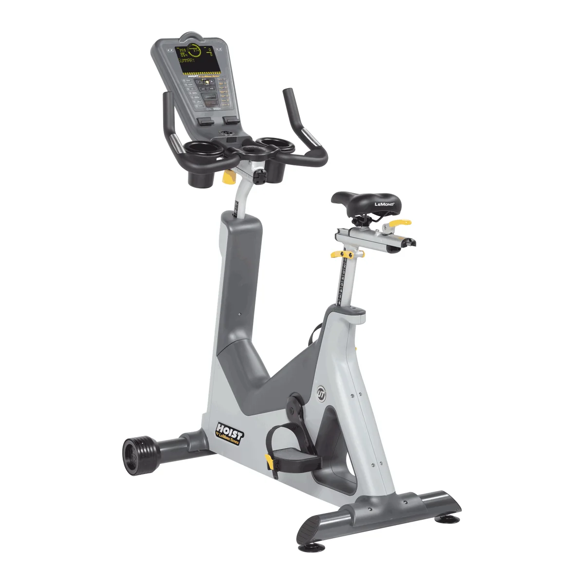 Gray HOIST LeMond Series UT upright bike with a console and upright handlebars