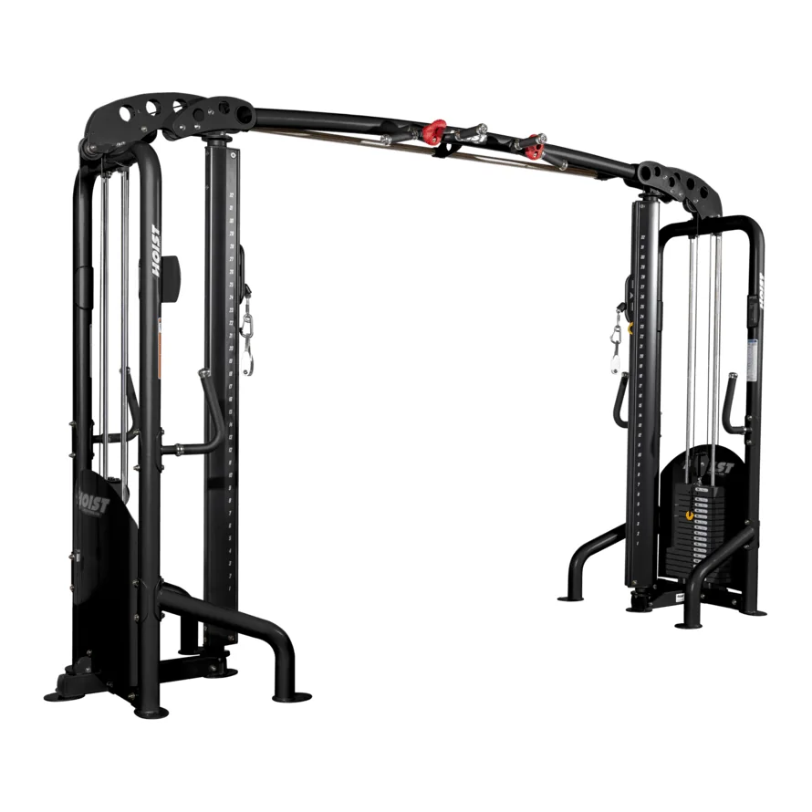 Black HOIST CMD-6180 cable crossover with two pulley towers joined by a pull-up bar