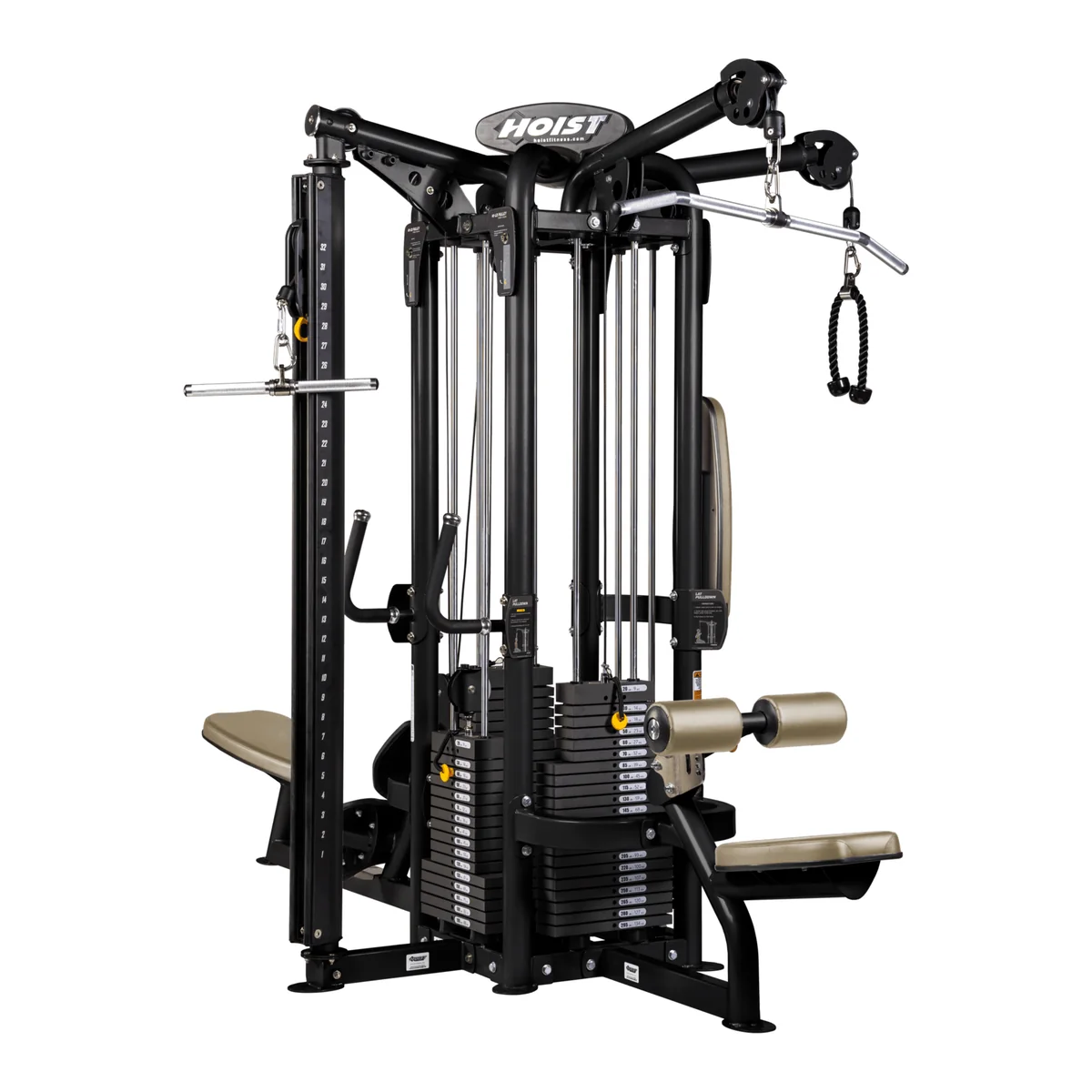 Black HOIST Multi-Jungle CMJ-6000-1 four-station pod with weight stacks, a lat bar and a low row seat