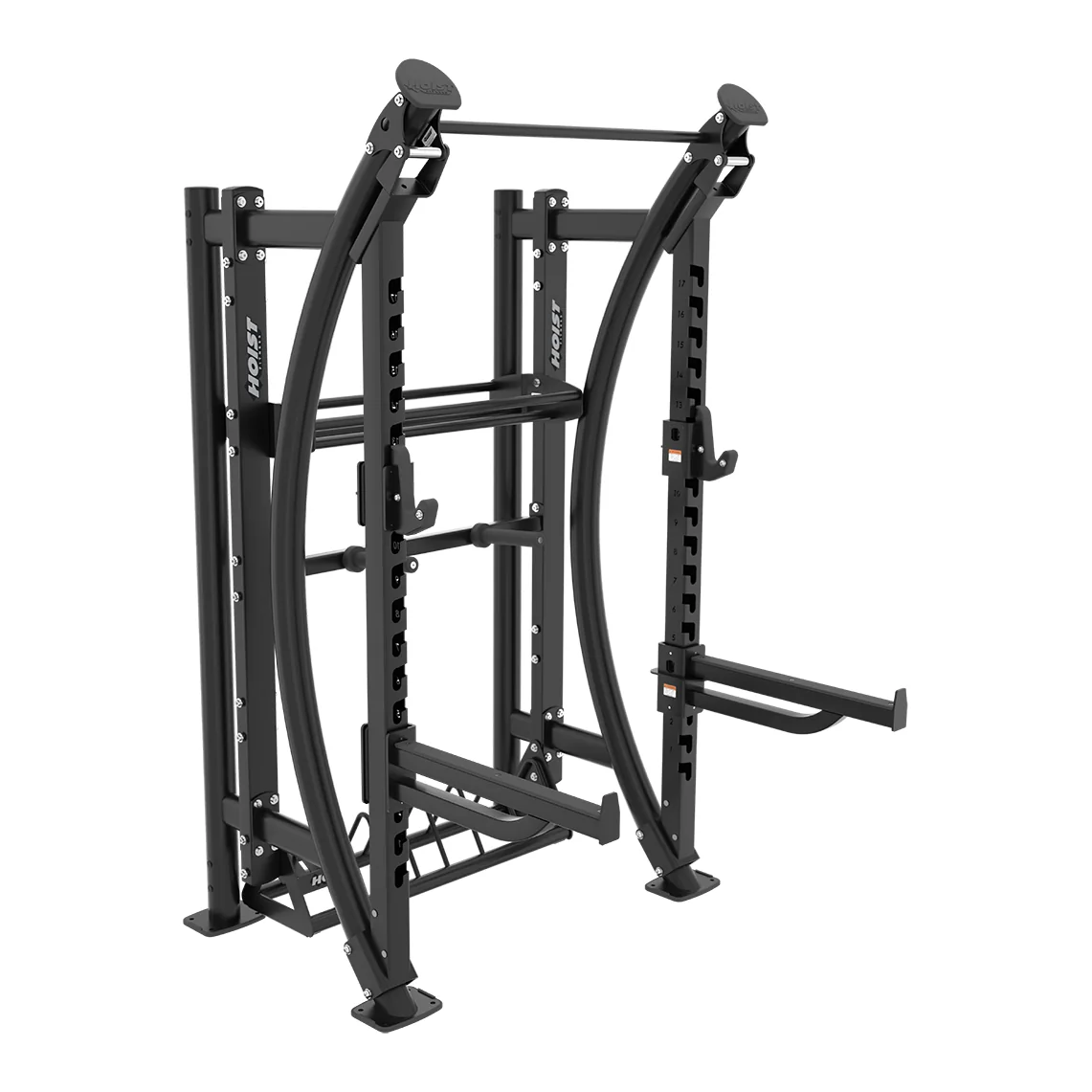 Black HOIST Performance Series half rack unit with curved uprights and safety arms