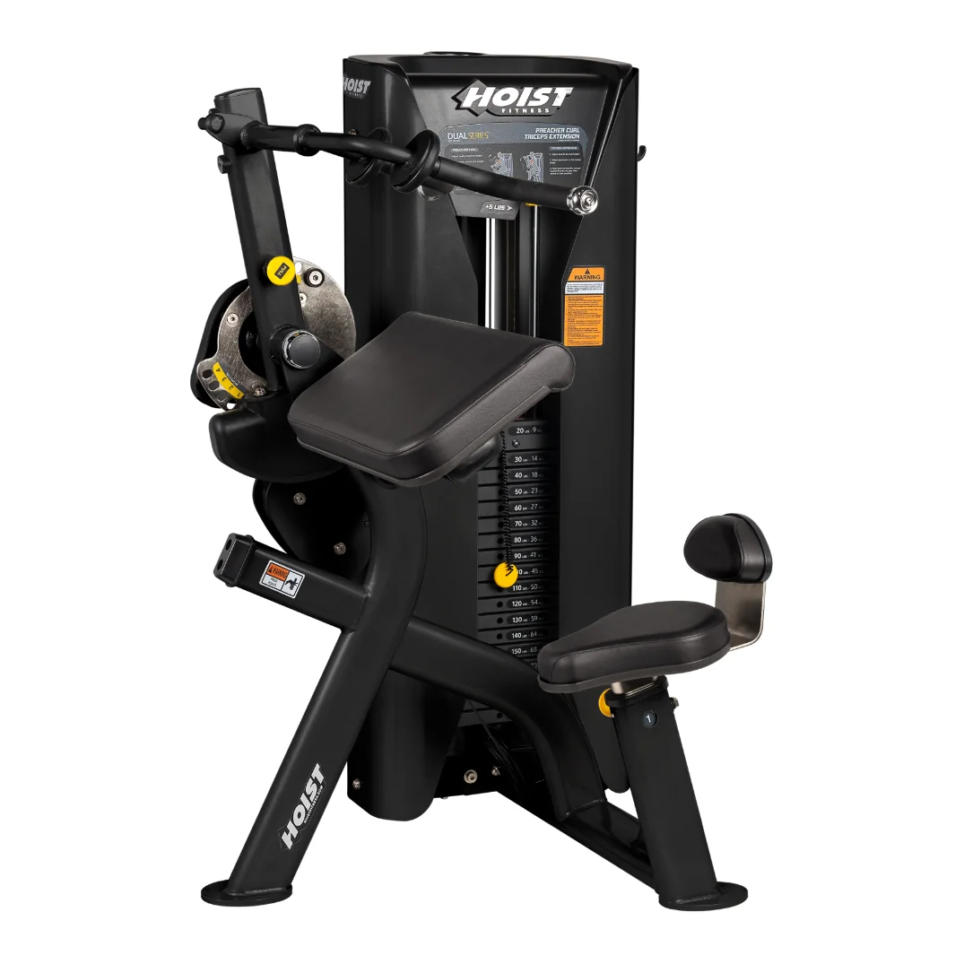 Black HOIST HD-3100 preacher curl and triceps extension machine with an angled arm pad