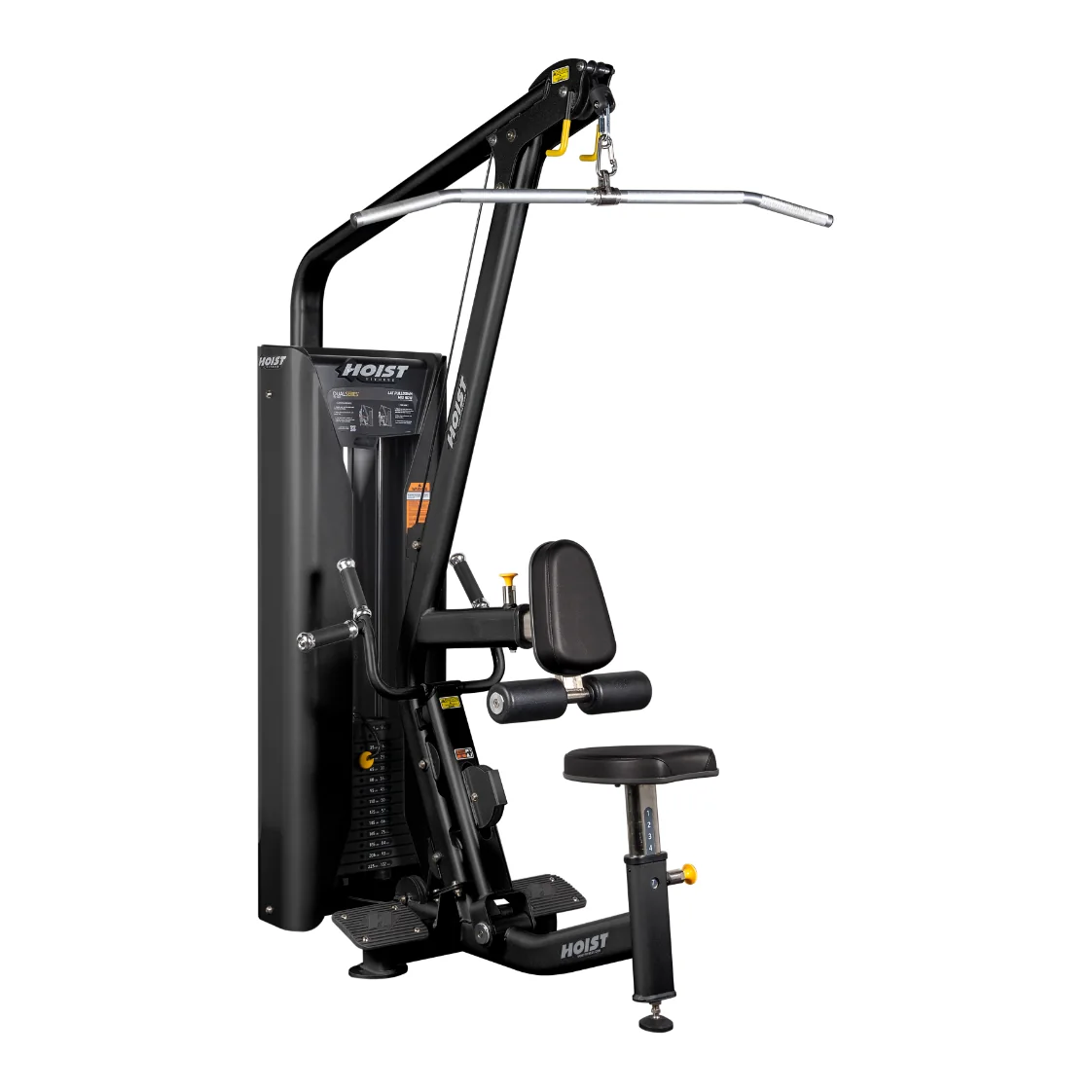 Black HOIST HD-3200 lat pulldown and mid row machine with a long lat bar and a chest pad