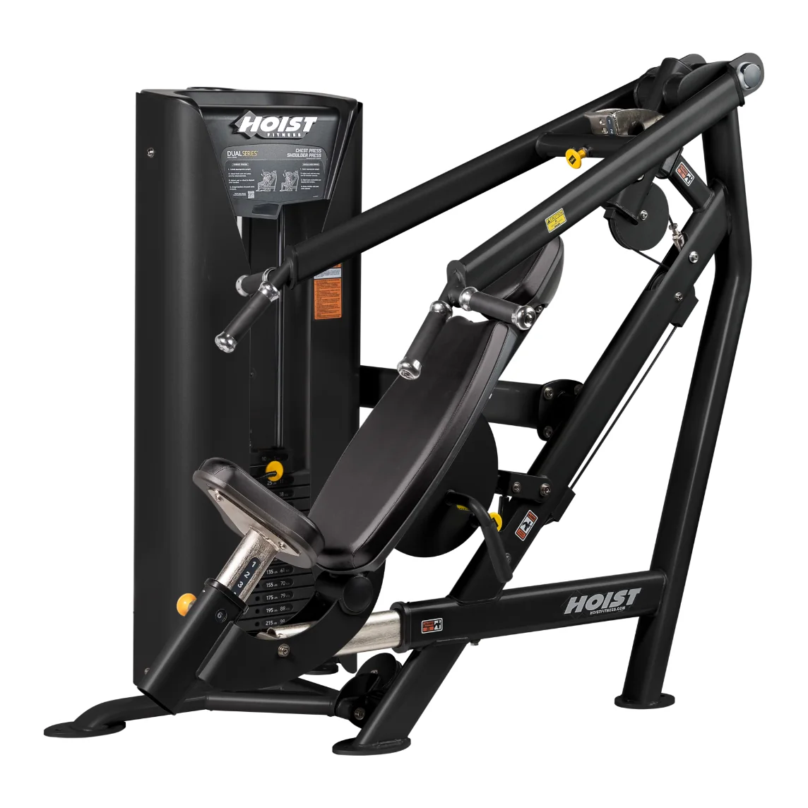 Black HOIST HD-3300 chest and shoulder press with an angled seat and press arms
