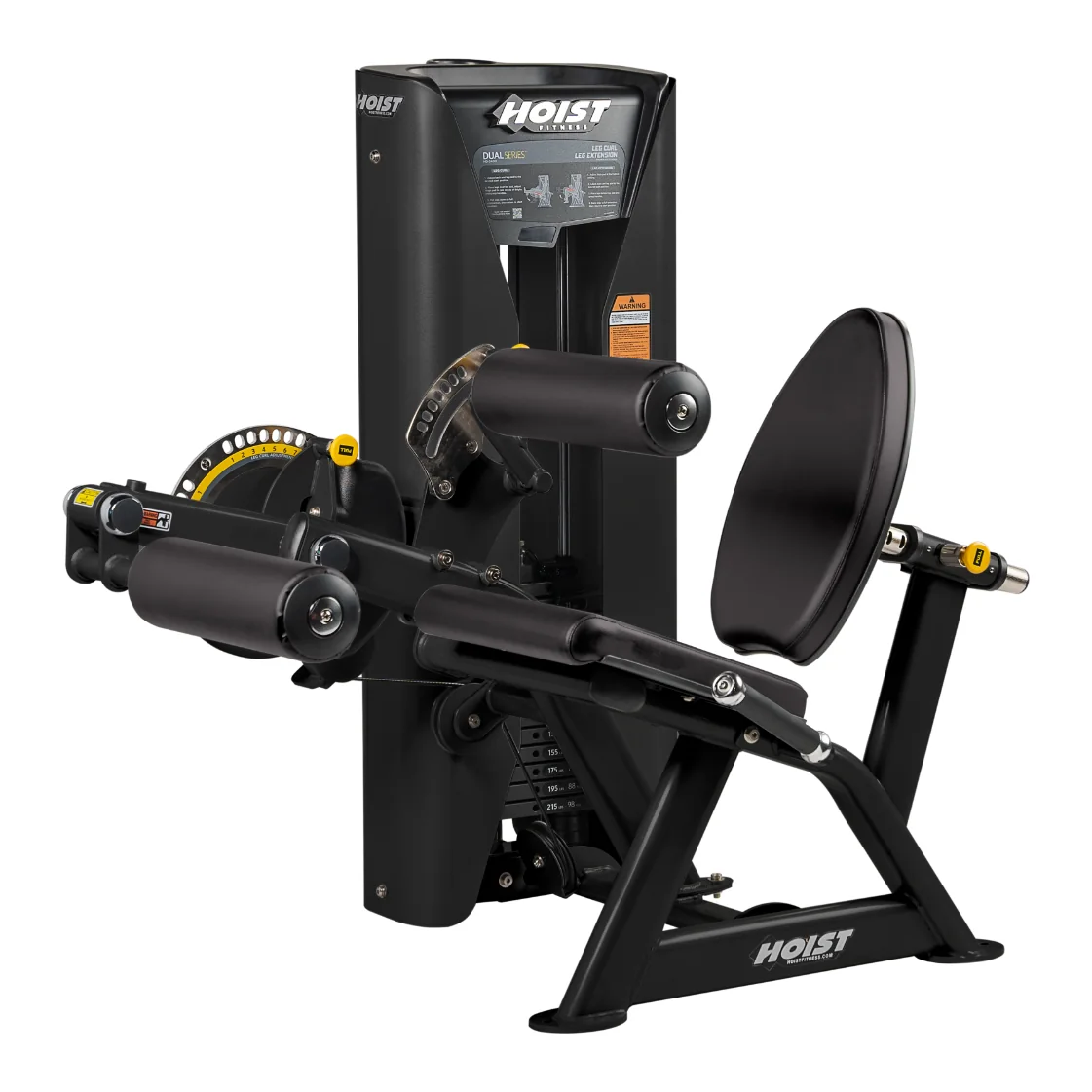 Black HOIST HD-3400 leg extension and leg curl machine with roller pads and a back pad