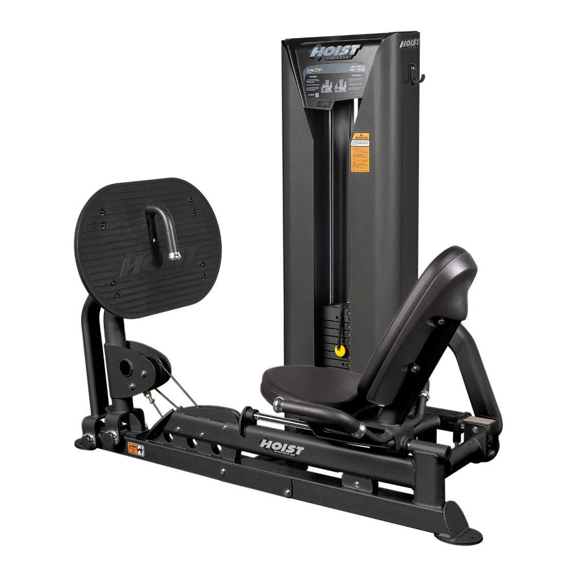 Black HOIST HD-3403 leg press and calf raise machine with a round foot plate