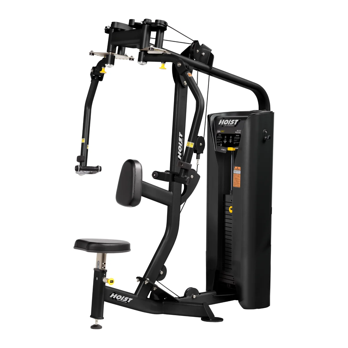 Black HOIST HD-3900 pec fly and rear delt machine with swinging arms and a seat