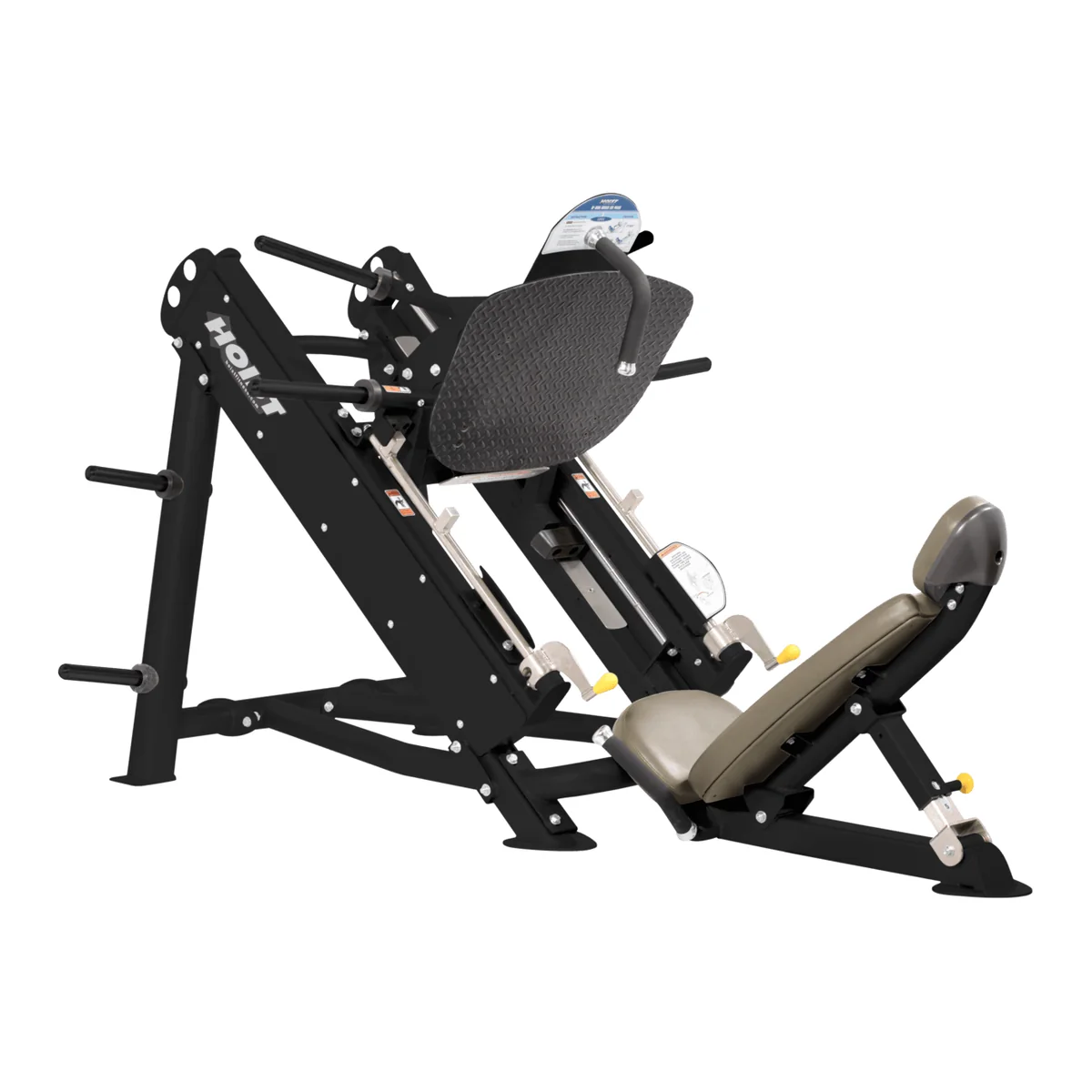 Black HOIST CF-3355 angled linear leg press with a beige seat and a large foot plate