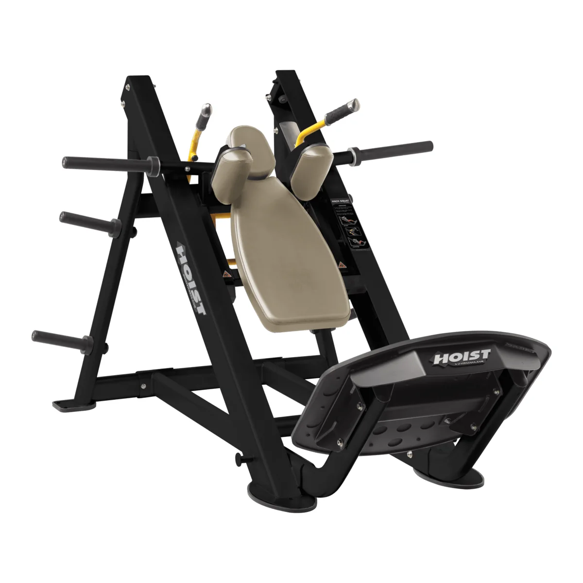 Black HOIST CF-3356 hack squat with beige back and shoulder pads and a black foot plate