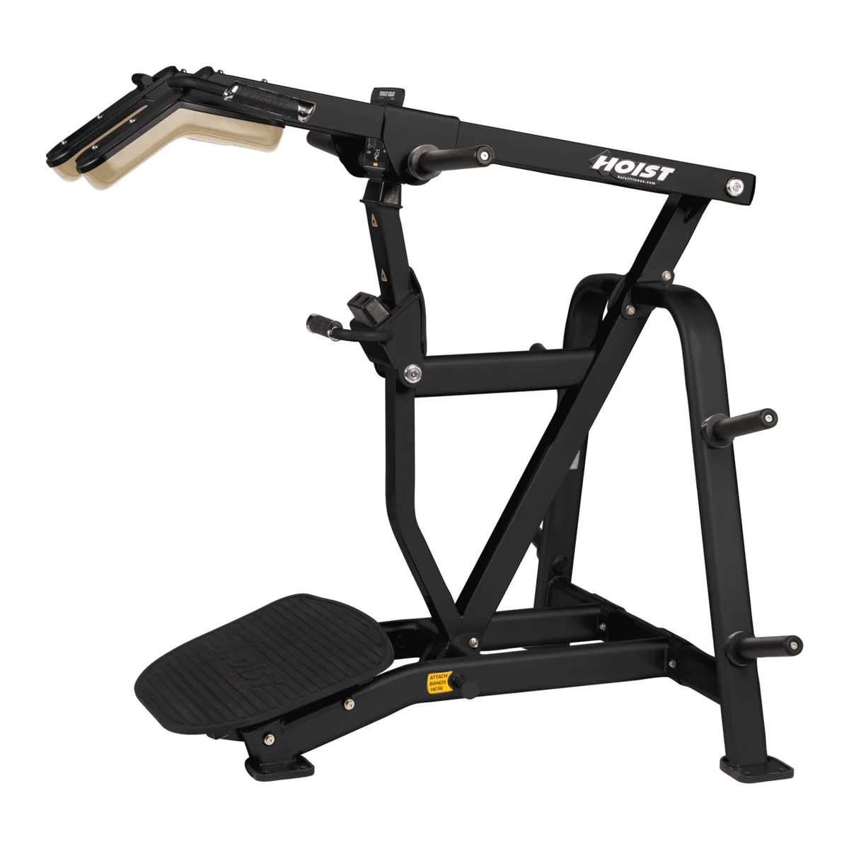 Black HOIST CF-3359 power squat with beige shoulder pads and a textured foot platform