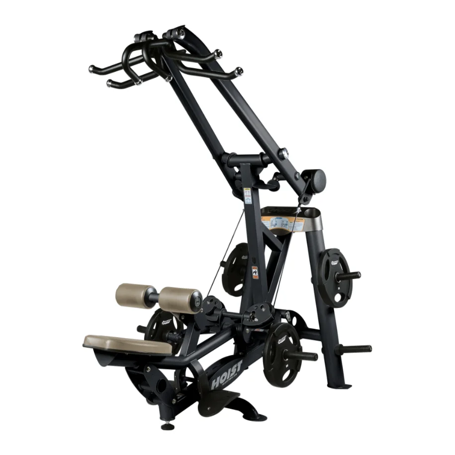 Black HOIST ROC-IT RPL-5201 plate-loaded lat pulldown with tall pull arms and beige thigh pads