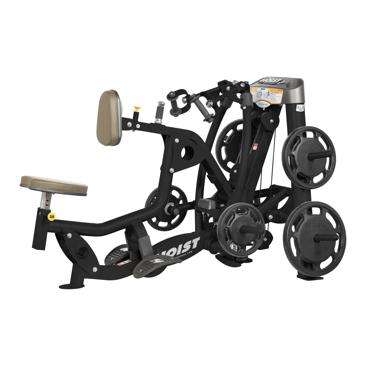 Black HOIST ROC-IT RPL-5203 plate-loaded mid row with a beige chest pad and weight plates