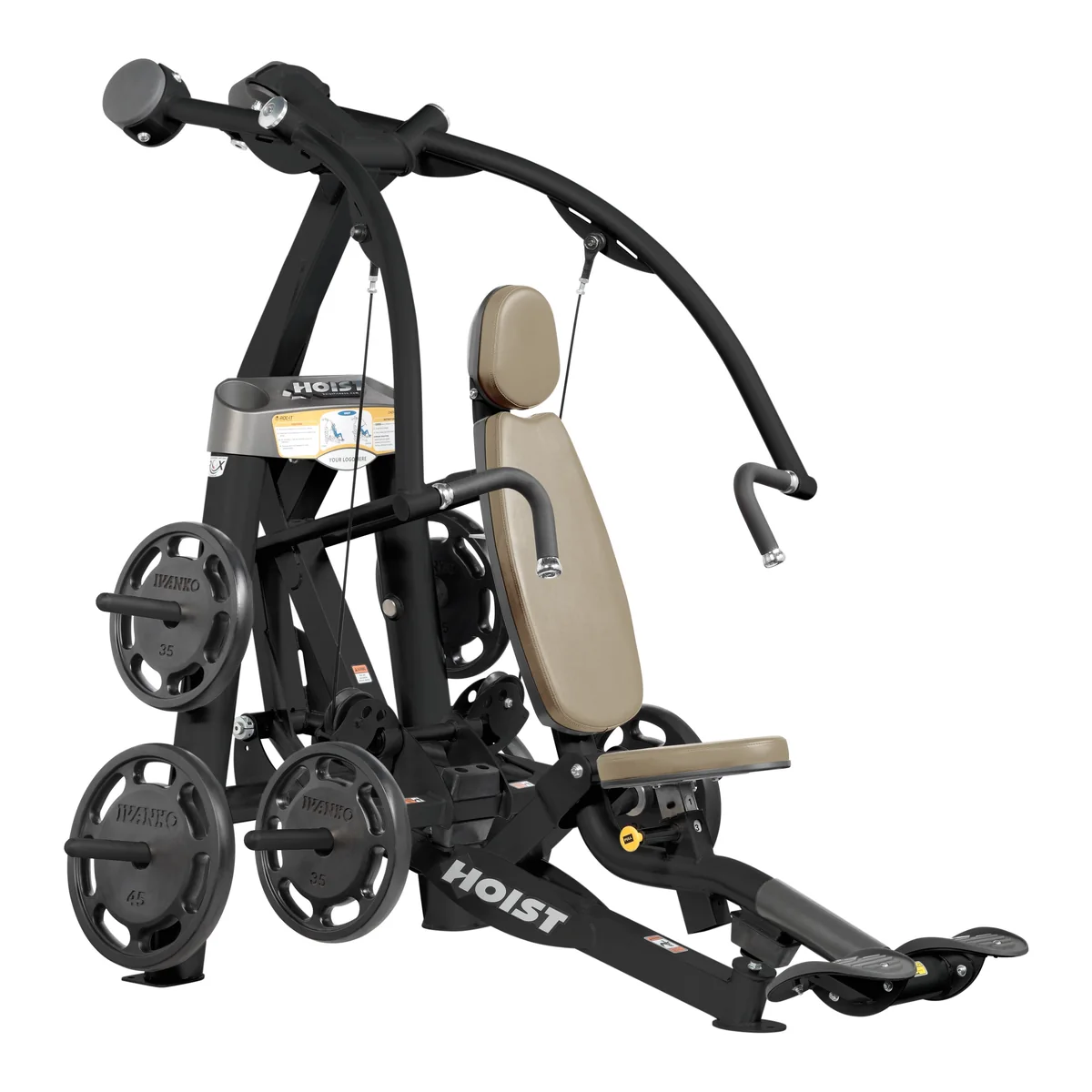 Black HOIST ROC-IT RPL-5301 plate-loaded chest press with a beige seat and back pad and weight plates