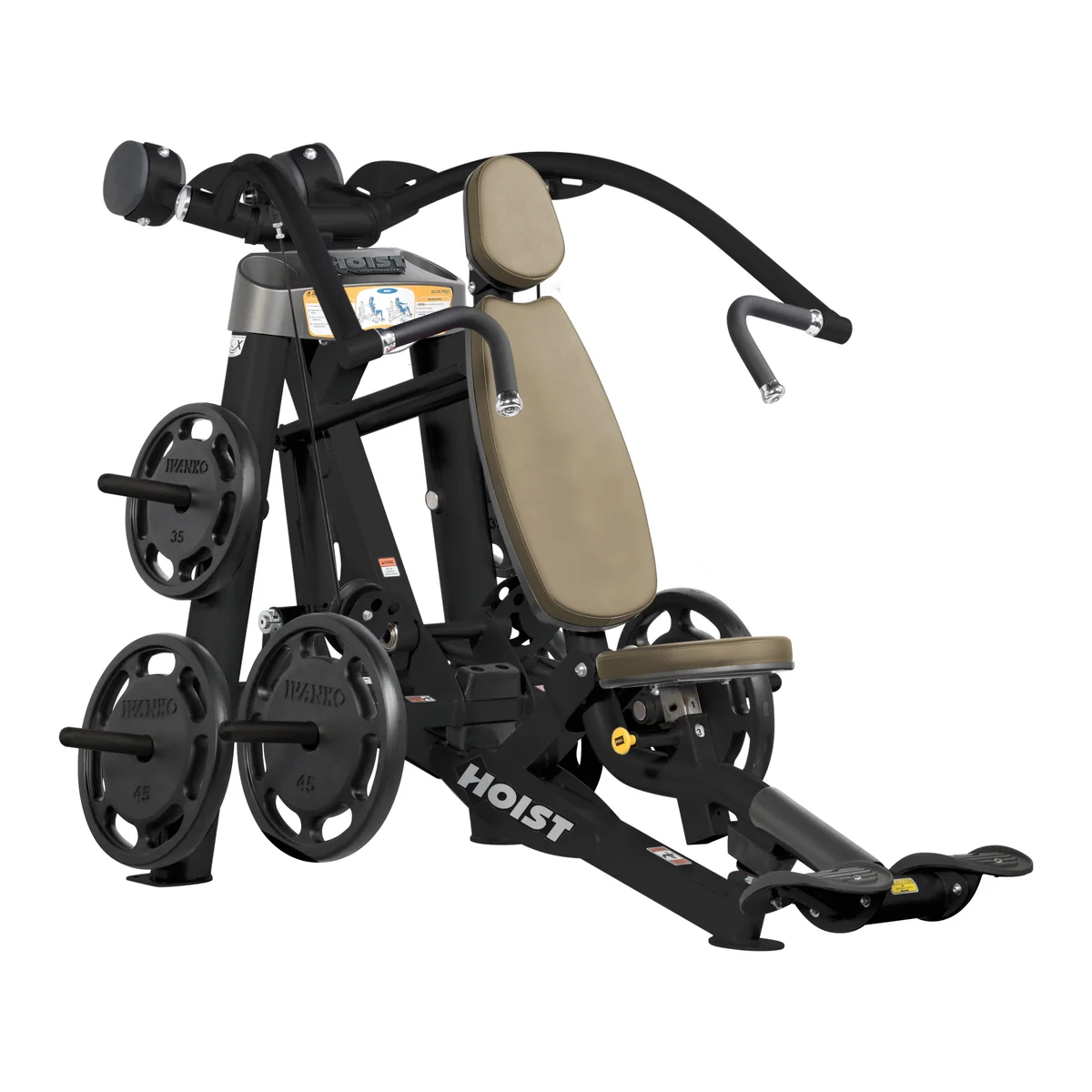 Black HOIST ROC-IT RPL-5303 plate-loaded incline chest press with a beige seat, back pad and plates