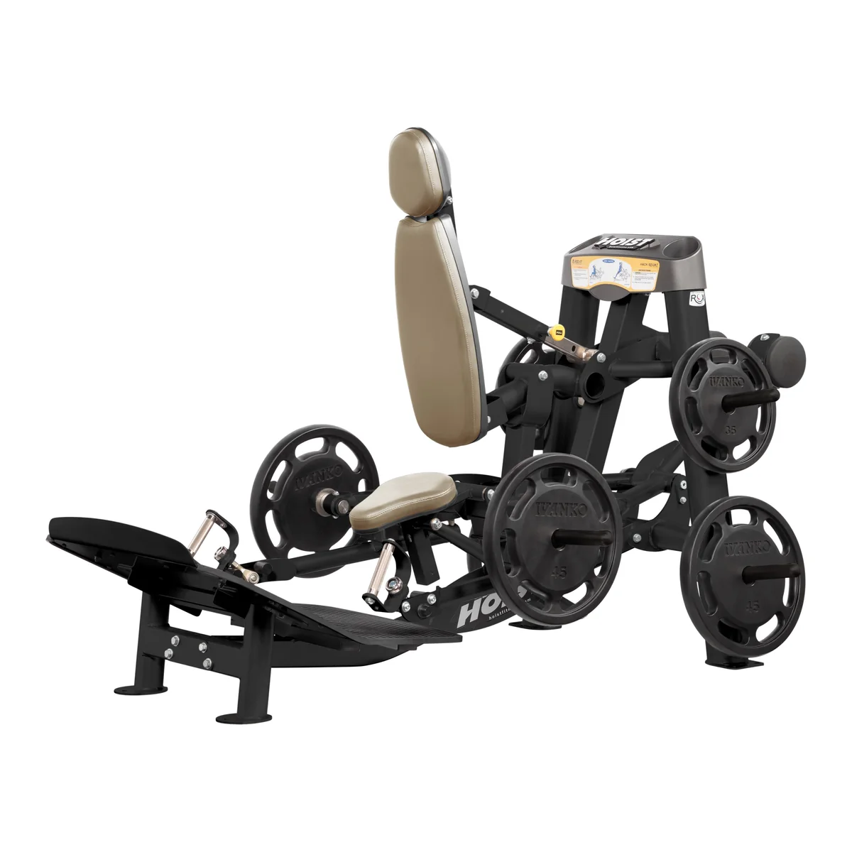 Black HOIST ROC-IT RPL-5356 hack squat, deadlift and shrug machine with a beige back pad and plates