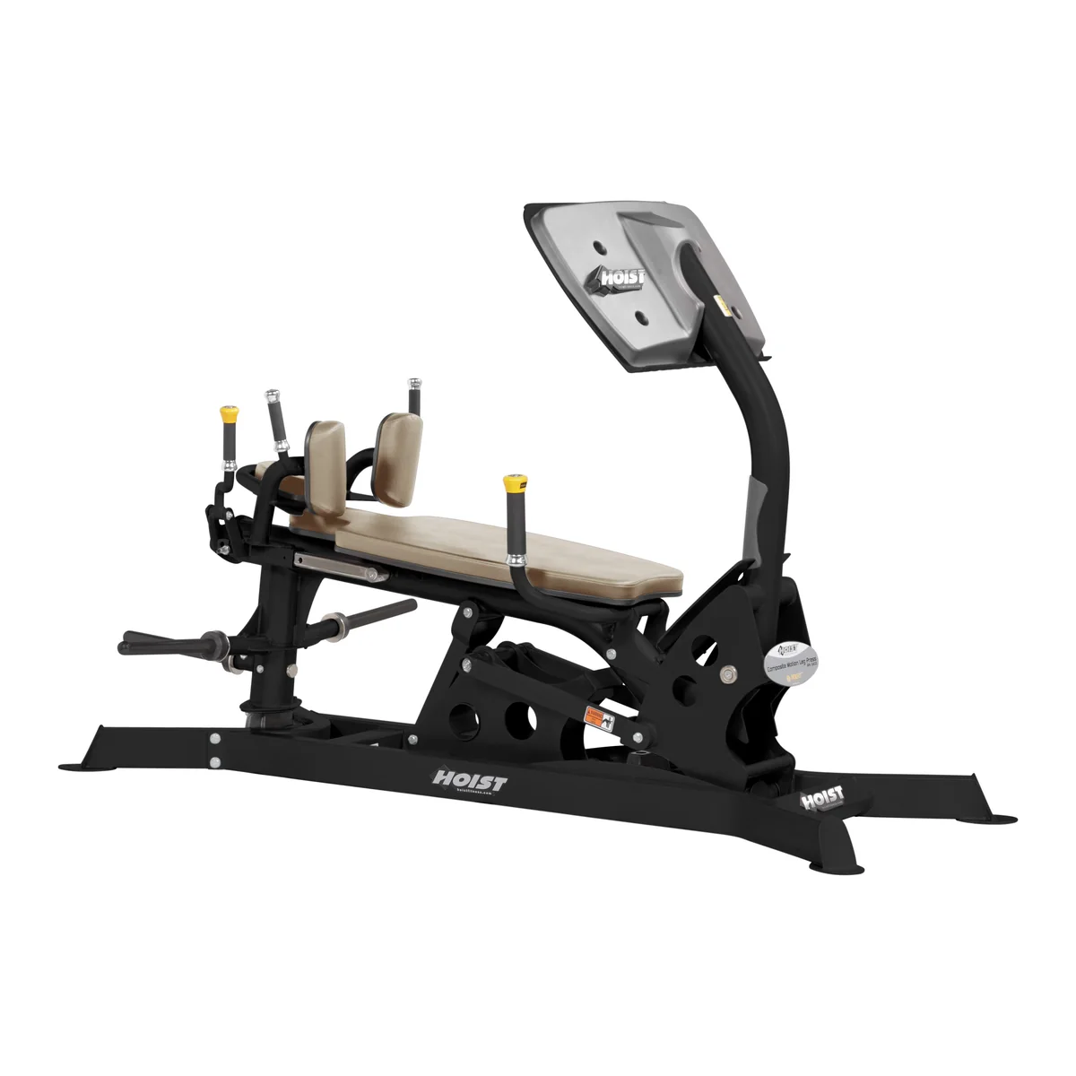 Black HOIST ROC-IT RPL-5403 dual action leg press with beige shoulder pads and an angled foot plate