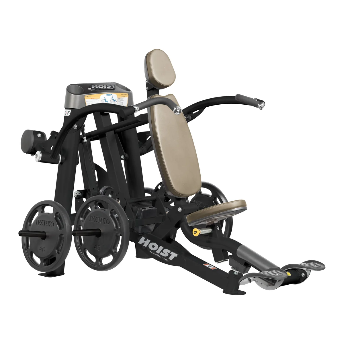 Black HOIST ROC-IT RPL-5501 plate-loaded shoulder press with a beige seat, back pad and weight plates