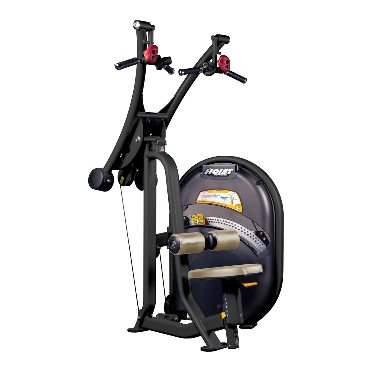 Black HOIST Club Line CL-3201 lat pulldown with independent pull handles and an oval weight stack shroud
