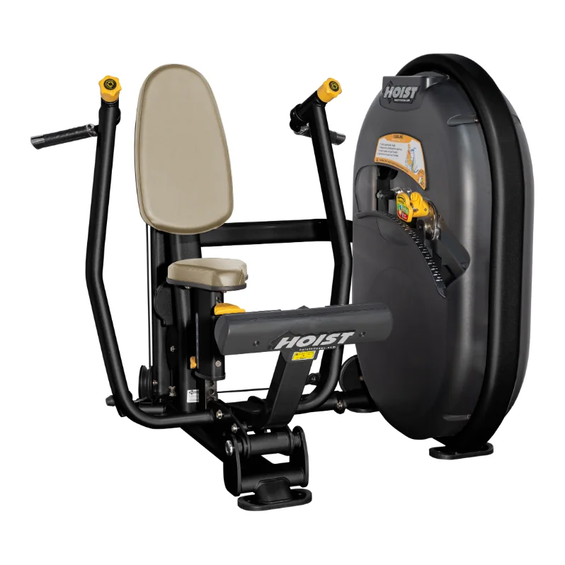Black HOIST Club Line CL-3301 chest press with a beige seat and back pad beside an oval weight stack shroud