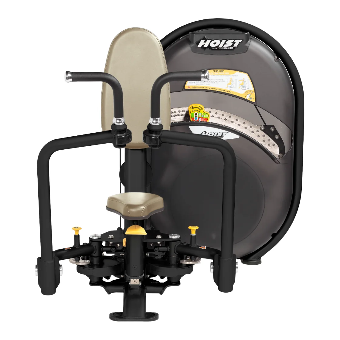 Black HOIST Club Line CL-3309 pec fly and rear delt machine with a beige pad and an oval stack shroud