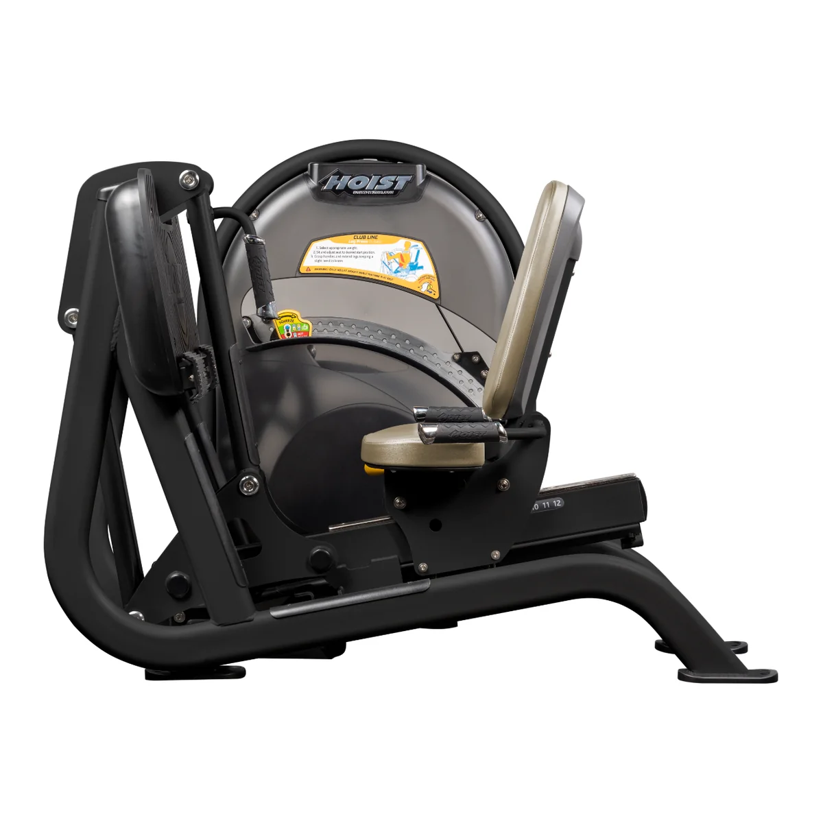 Black HOIST Club Line CL-3403 leg press with a beige seat in front of an oval weight stack shroud