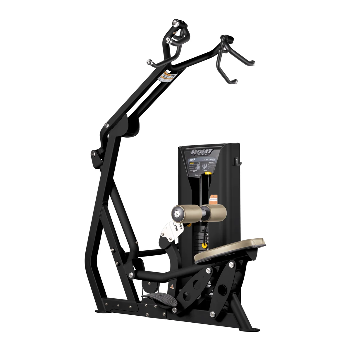 Black HOIST ROC-IT RS-2201 lat pulldown with tall pull arms and beige thigh pads and seat