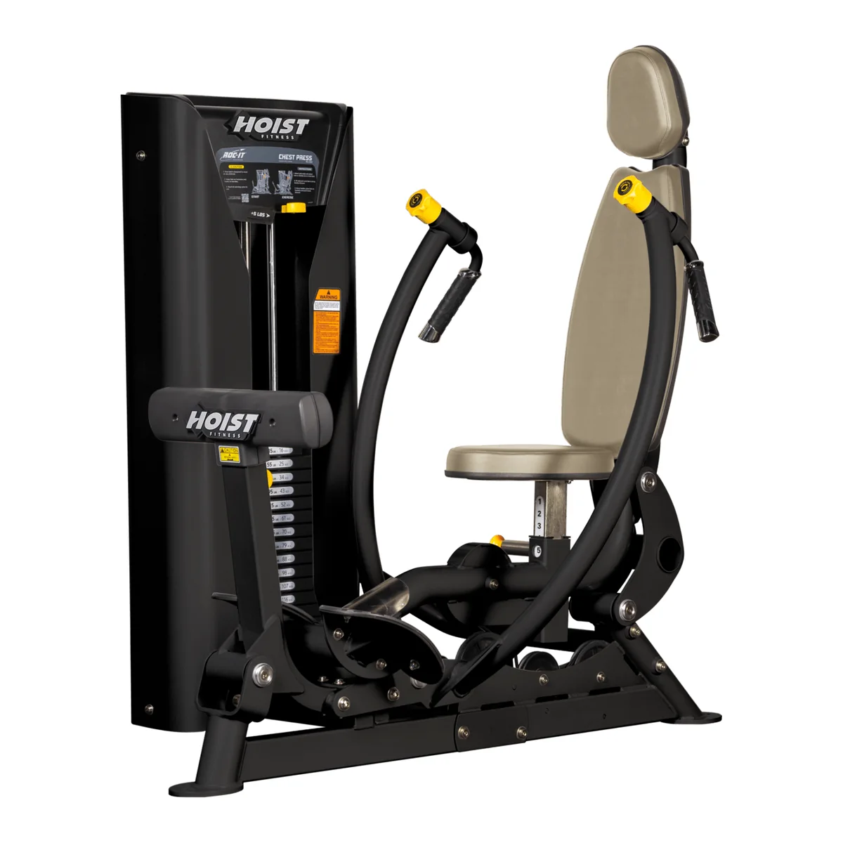 Black HOIST ROC-IT RS-2301 chest press with a beige seat and back pad and yellow-tipped press handles