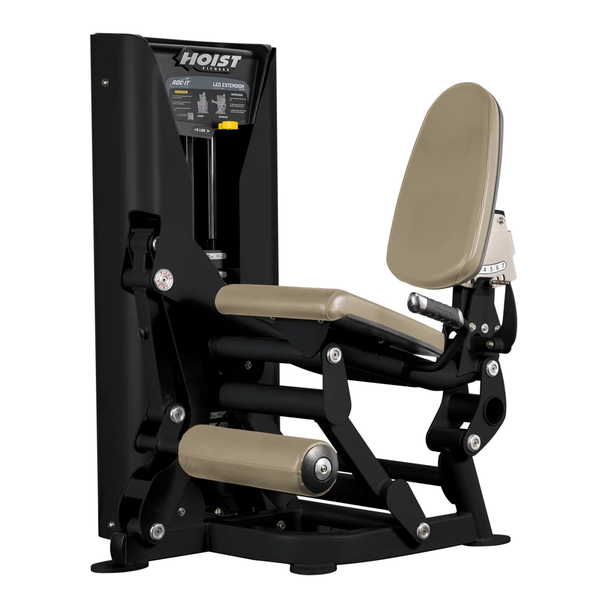 Black HOIST ROC-IT RS-2401 leg extension with a beige seat and back pad and roller pads