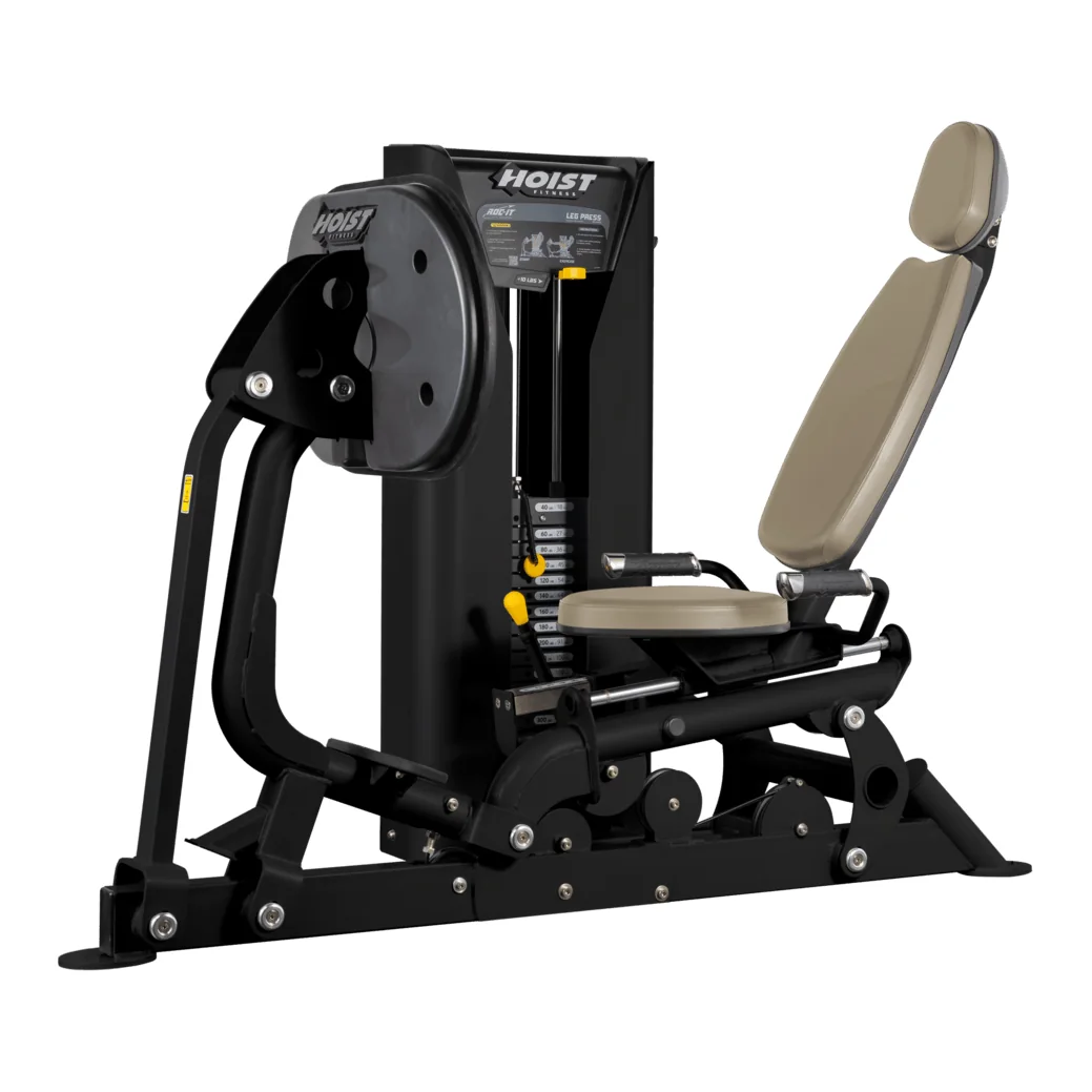 Black HOIST ROC-IT RS-2403 leg press with a beige seat and back pad and an oval foot plate