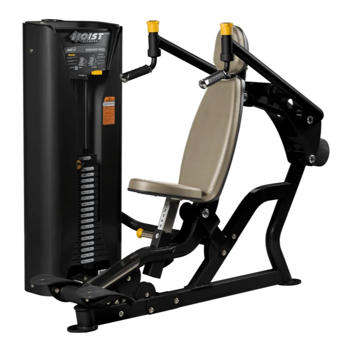 Black HOIST ROC-IT RS-2501 shoulder press with a beige seat and back pad and yellow-tipped press arms