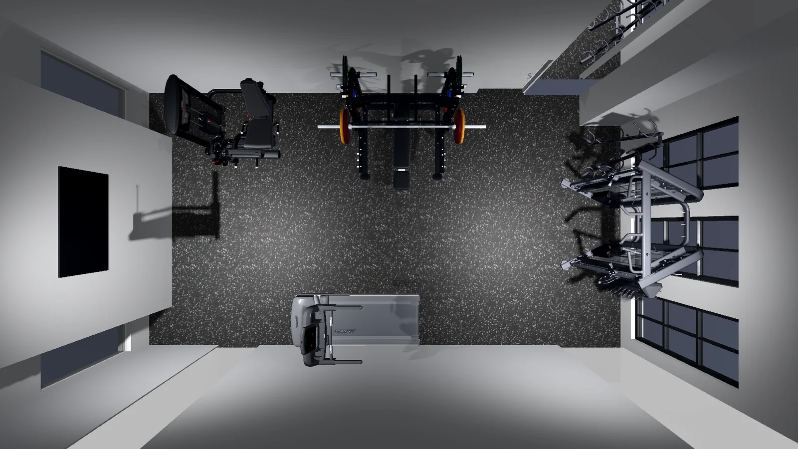 Overhead 3D plan of a Plano, Texas home gym with a rack, functional trainer, benches and cardio placed to scale