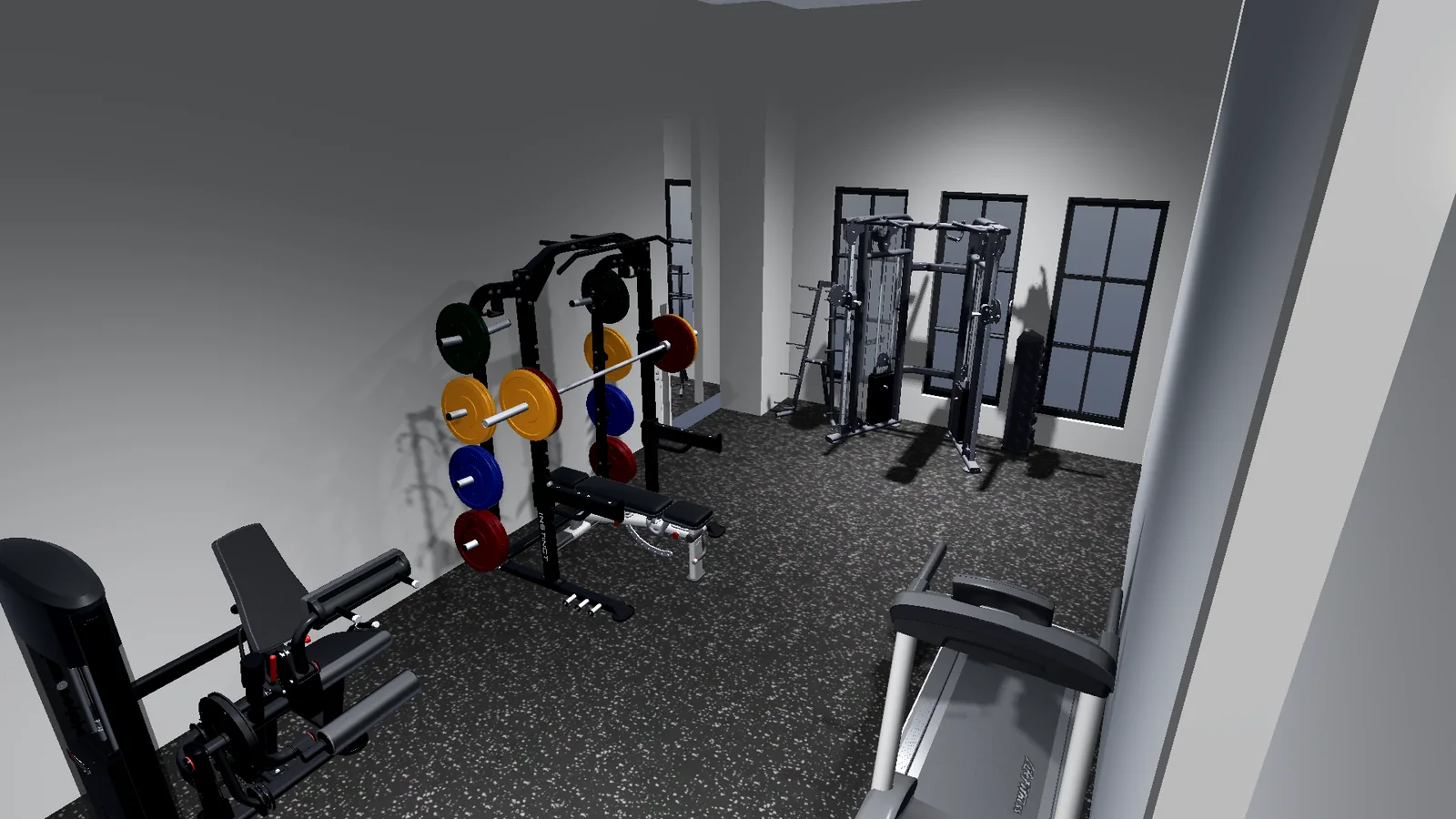 3D rendering of a Plano, Texas home gym showing the rack, functional trainer and bench along a window wall