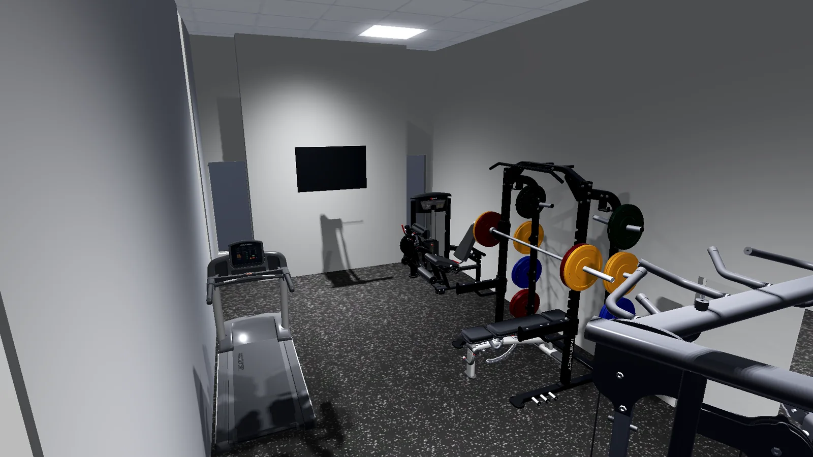 3D rendering of a Plano, Texas home gym with a half rack, plate storage, benches and a treadmill on rubber flooring