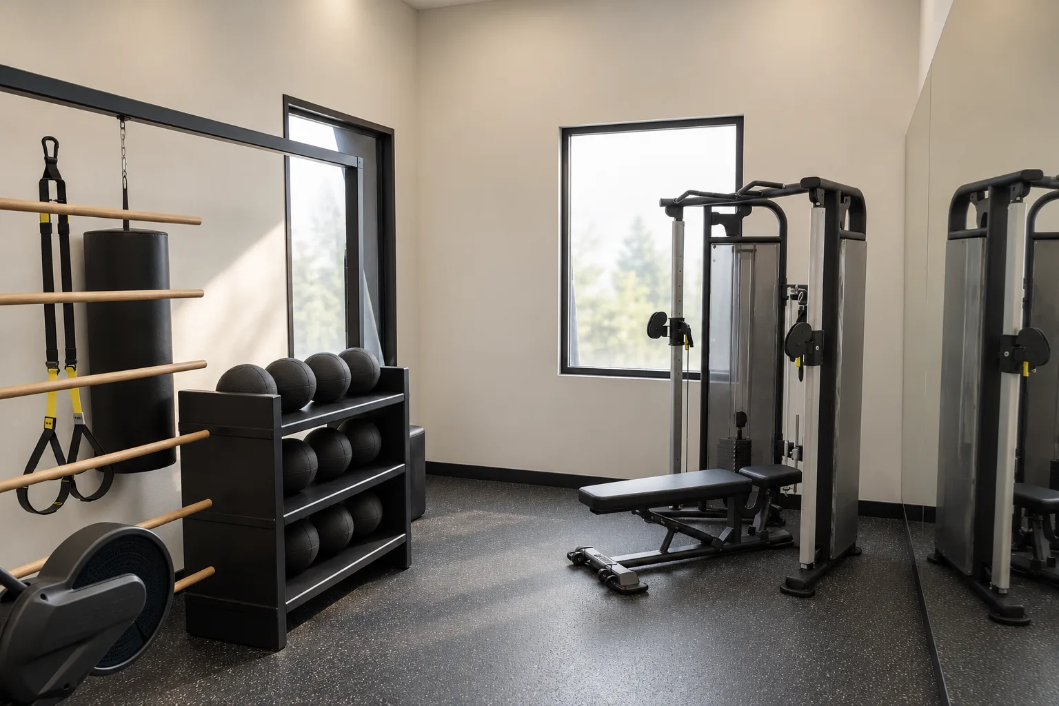 Concept rendering of a home gym with wood wall bars, suspension straps, a heavy bag, ball storage and a cable station