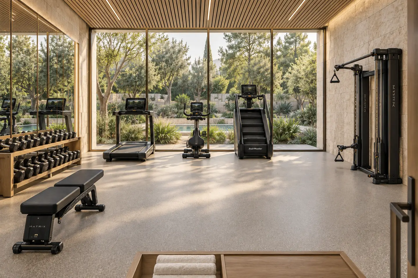 AI-generated concept of a luxury home gym with limestone walls, an oak ceiling and garden-facing cardio