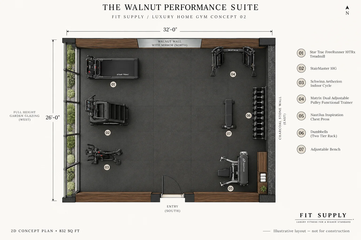 AI-generated 2D concept plan of an 832 sq ft home gym with walnut walls, a charcoal stone wall and garden glazing