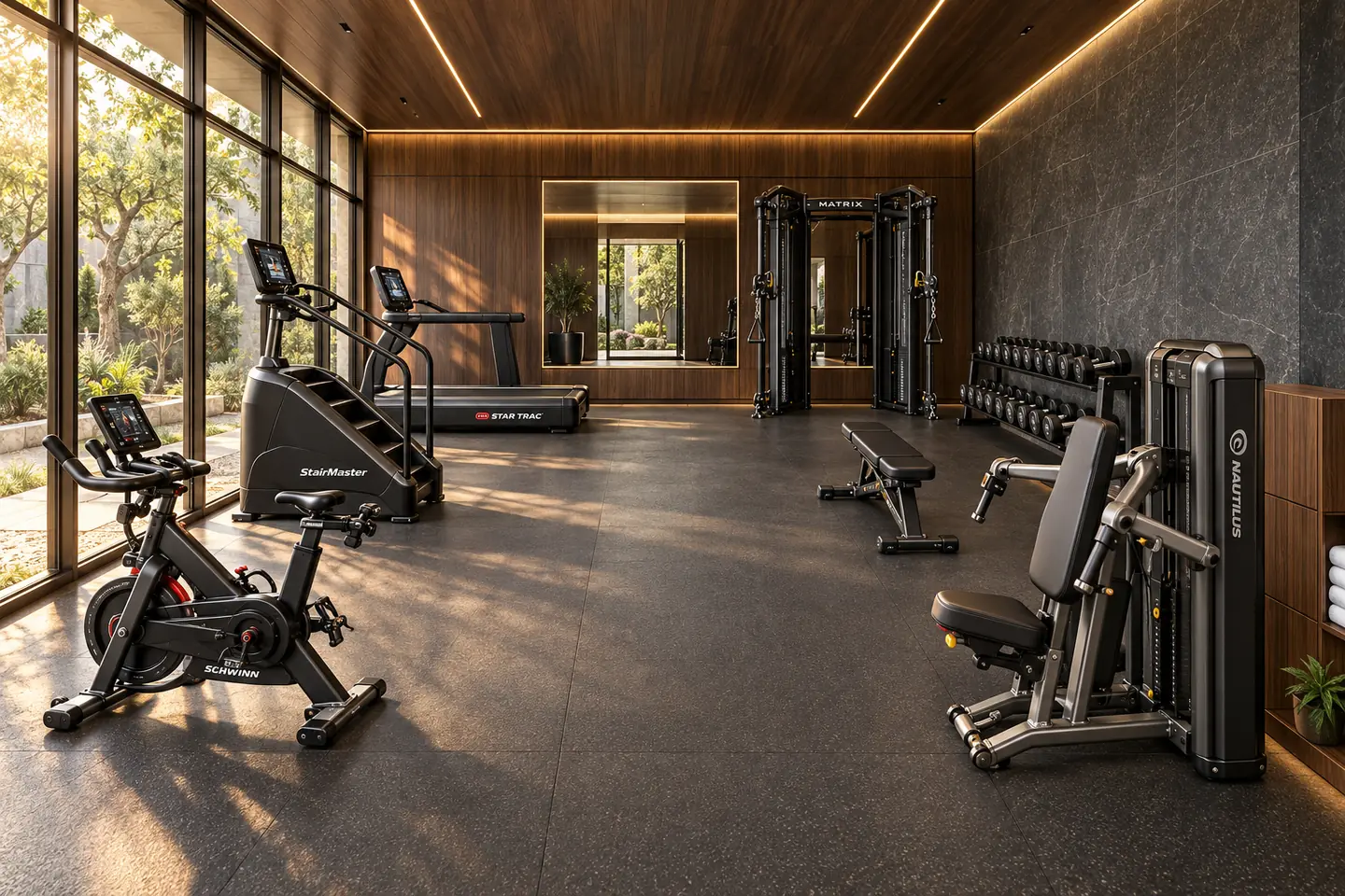 AI-generated concept of a luxury home gym with walnut walls, charcoal flooring and garden-facing cardio