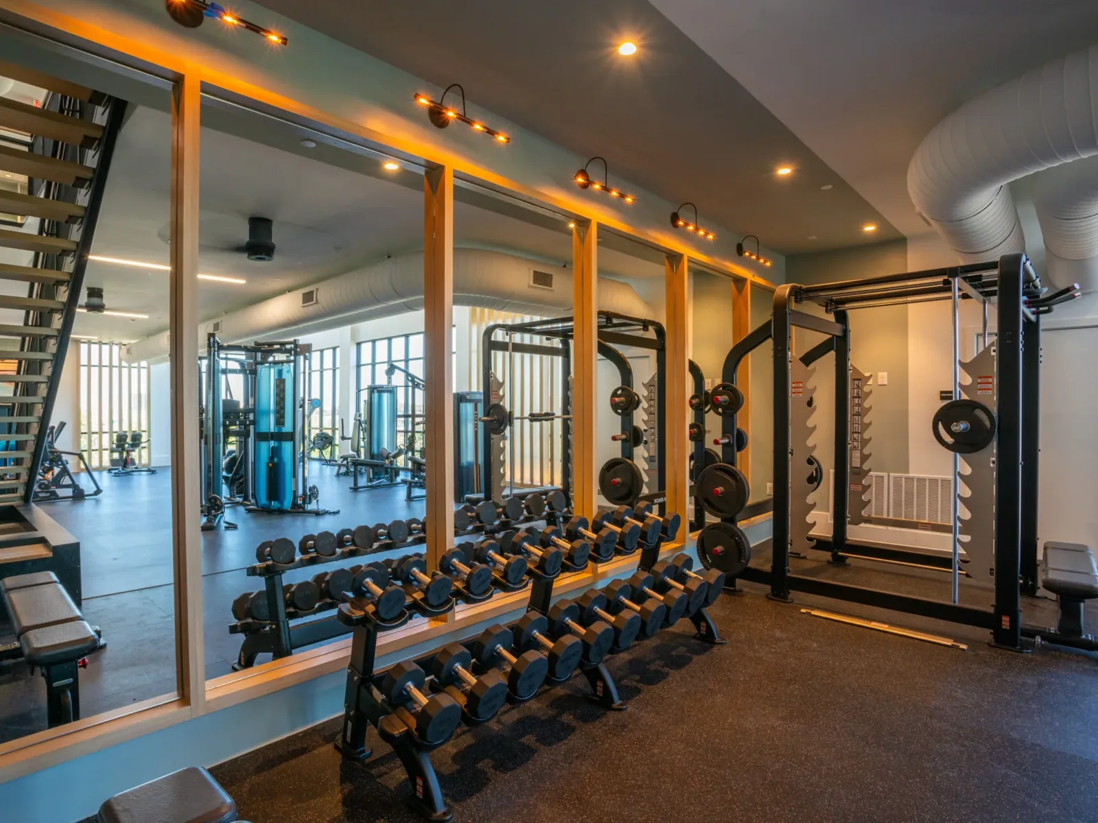 Free-weight area in a Texas apartment gym with a hex dumbbell rack, power rack and rubber flooring