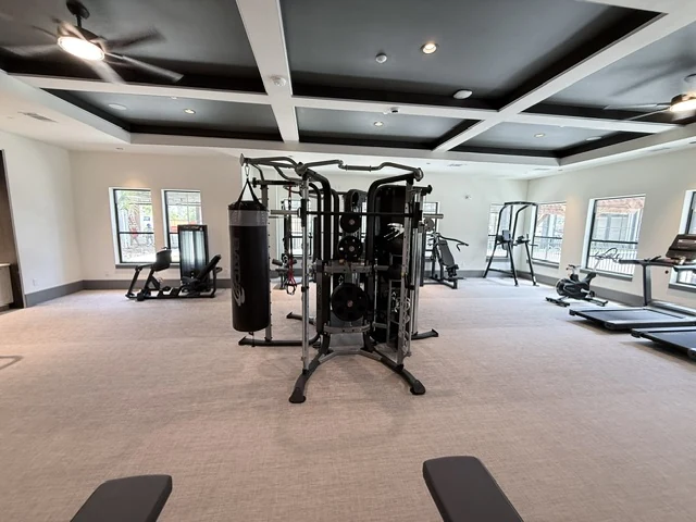 Batca functional trainer with a heavy bag, cardio row and recumbent bike facing an outdoor pergola