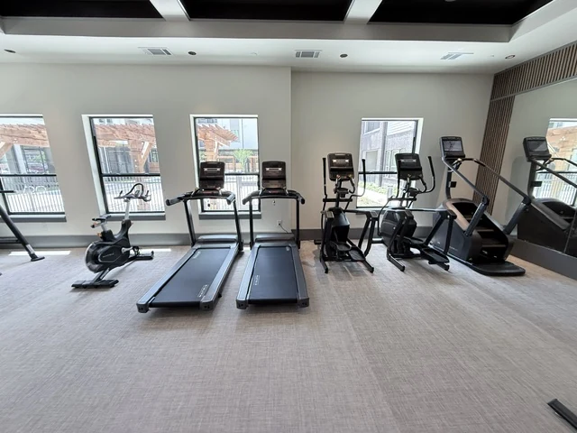 Row of Matrix treadmills, an upright bike and an arc trainer under a black coffered ceiling