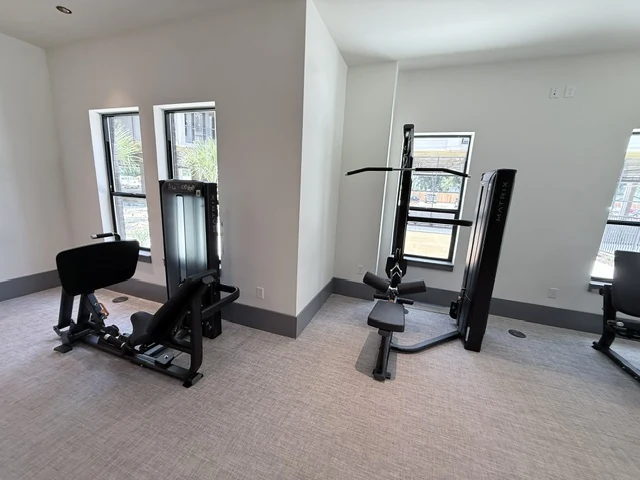Matrix Versa leg press and lat pulldown tower facing a courtyard view