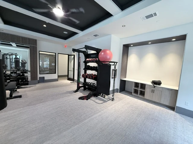 TKO functional rack beside a built-in cabinetry and hydration nook under a coffered ceiling