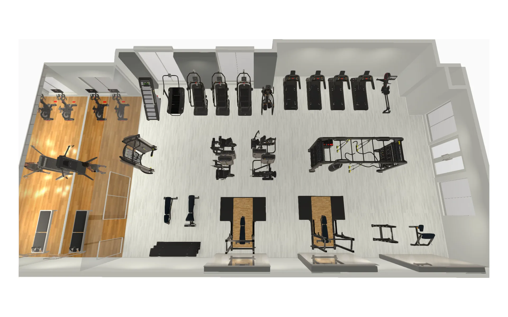 3D rendering of a Houston Heights apartment gym with a cardio wall, 14-foot rig, lifting platforms and a studio