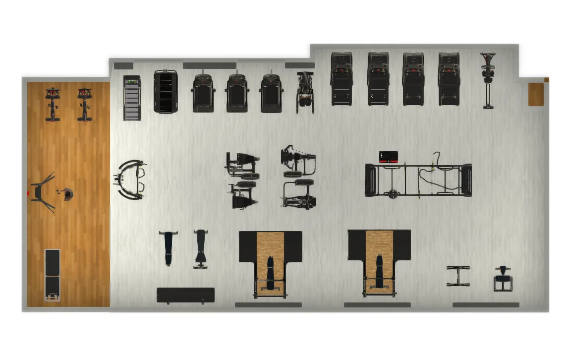 2D plan of a Houston apartment gym: cardio wall, rig, two lifting platforms, strength line and a studio